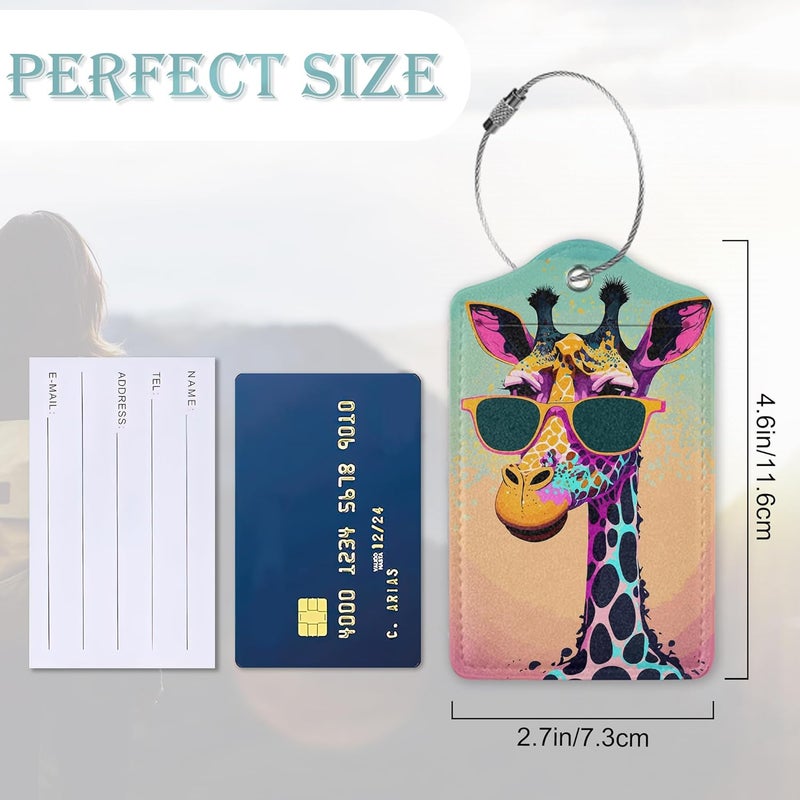 SKYDAWNY Luggage Tags for Suitcase,2 Pack Funny Giraffe Sunglasses Luggage Tag PU Leather Privacy Cover ID Label with Stainless Steel Loop for Women Men Teens Travel - Image 3